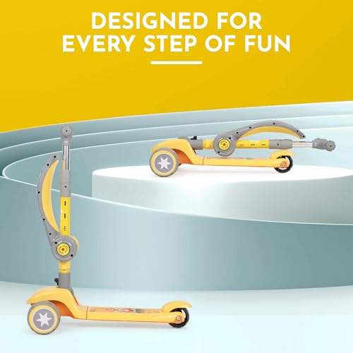 Image of Foldable 3 Wheel Kids Scooter with Seat | 4-Level Adjustable Handlebar | PU LED Wheels | Light & Music | 2 in 1 Skate Cycle Scooter for Boys & Girls 3-10 Years (KS-113 Yellow /Grey)