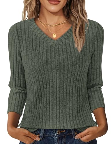 NORACORA V Neck 3/4 Length Sleeve Shirts for Women Casual Fall Tops Lightweight Tunic Sweaters 2025