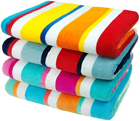 Ben Kaufman Joey Velour Colored Classic Multi-Color Stripe Beach & Pool Towel - Large Cotton Towel - Soft & Absorbant - Assorted Colors - 32” x 62” - 4 Pack