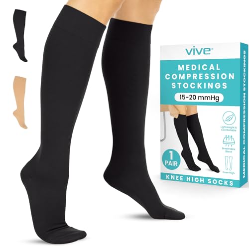 Image of Vive Knee High Compression Socks for Women & Men – 15-20mmHg Medical Support Stockings for Varicose Veins, Swelling, Soreness & Airplane Travel – Breathable TED Hose for Legs & Feet (Beige,Black)