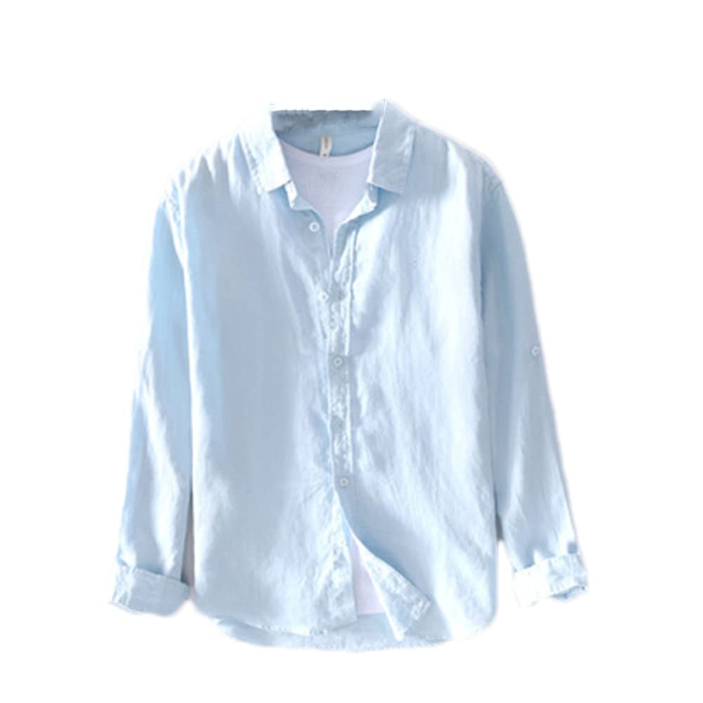 Vsadsau Camisa vintage de manga larga 100 % lino para hombre, estilo casual, L610 Azul Claro, 3XL