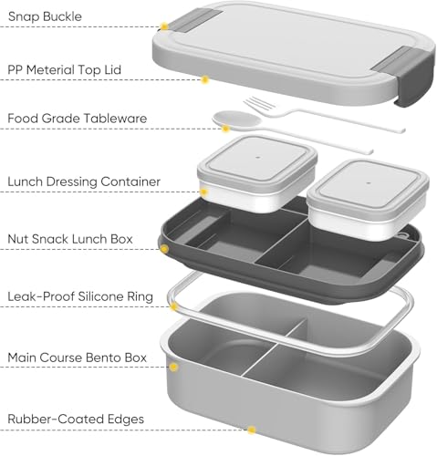 Image of YELONA Lunch Box for Office & Kids 1900ML | Double Layer Leakproof Bento Box with 5 Compartments | Microwave Safe, Built-in Spoon & Fork, BPA Free Tiffin Box - Grey