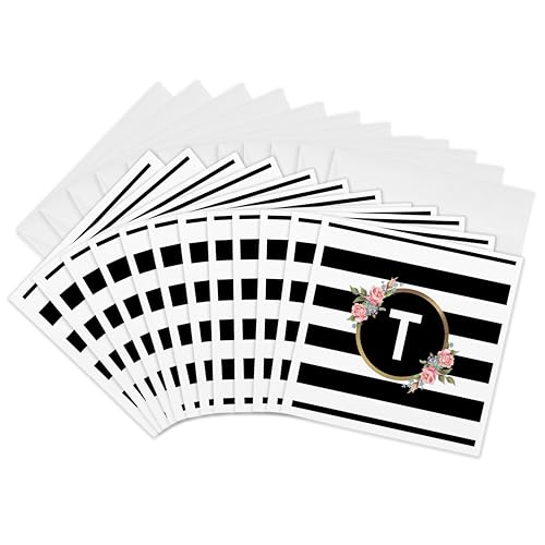 Cartes de vœux fleur T monogramme noir blanc lot 12 correspondance