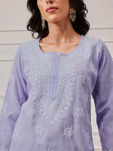 Image of Ada Hand Embroidered Lucknow Chikankari Straight Round Neck Cotton Blend Short Kurti Tunic Top for Women A911333