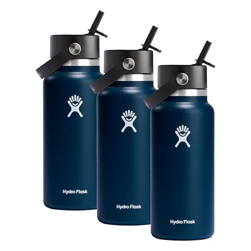 Image of Hydro Flask Water Bottle - Insulated Stainless Steel - Wide Straw Lid, Non Spill, Leakproof in 32 Oz Indigo Blue (Pack of 3)