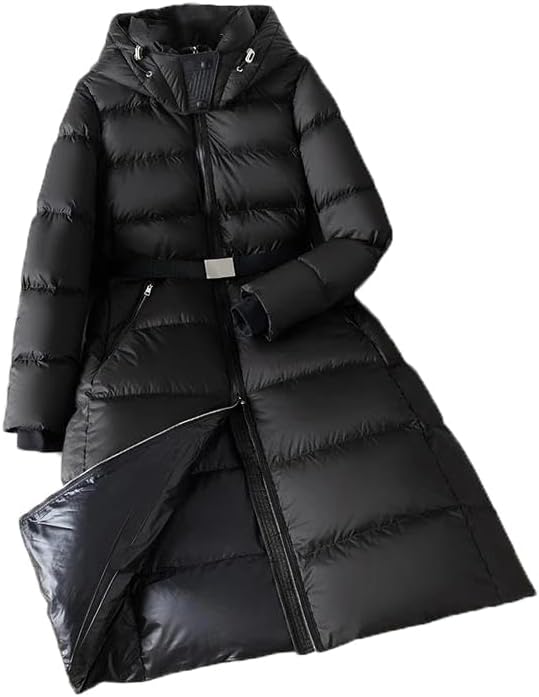 Women’s Long Down Jacket Waist Belt Hooded Down Coat Warm Snow Parka