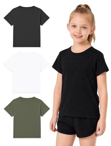 Wenlia Girls Athletic Shirts Short Sleeve Sports Tee Multi-Pack Summer Soft Activewear Tops, Black/White/Army Green, 5-6 Years, 120