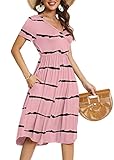 YUNDAI Women's Summer Short Sleeve Casual Dresses V-Neck Floral Party Dress with Pockets, Large Stripe Bean Red