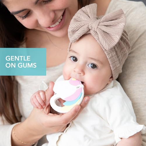 Image of Bumkins Baby Teething Freezer Toy Keys Rings, Soft Flexible Silicone Pacifier, Safe to Chew, Cool Teether Gum Relief, Essentials for Babies 3 Months, Freezable, Sensory Textured, Unicorn