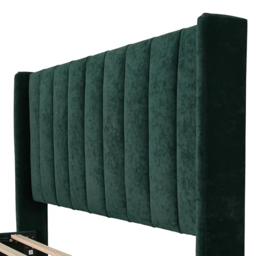 Image of Low Profile Upholstered Platform Bed with Winback Headboard | Bed Queen Size | Bed for Bedroom, Living Room | Bed Without Storage | Mattress not Included | Fabric Color:- Green