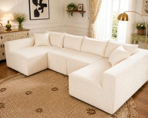Image of Claiks 128 inch U Shaped Boneless Couch, Corduroy Sectional Sofa, Cream