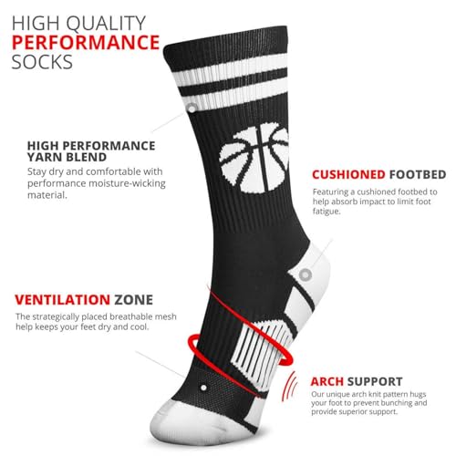 Image of ChalkTalkSPORTS Basketball Socks - Cushioned Mid-Calf Crew - Youth & Adult | Moisture-Wicking Performance Blend, Athletic Basketball Gear, Stay-Up Technology, Arch Support, Breathable, Boys and Men