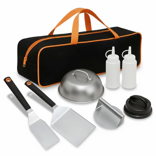 8 Grillbesteck Set, BBQ Grill Zubehör mit Burgerpresse Grillspachtel Edelstahl Burger Glocke, Smash Burger Set Plancha Zubehör, Teppanyaki BBQ Grillbesteck Set Edelstahl, für Grillen Teppanyaki