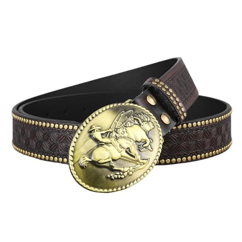 Men's Vintage Western Embossed Studded Belt - 3D Bull Rodeo Gold Oval Buckle