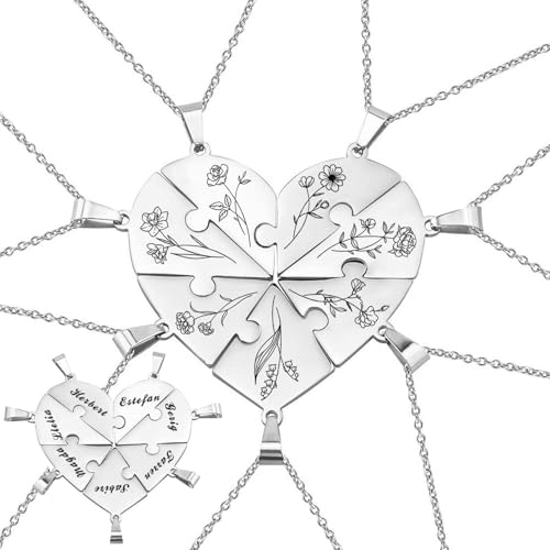 MOTICIUS Personalized Name & Birth Flower Necklace for 2/3/4/5/6/7/8 Custom Heart Puzzle Piece...