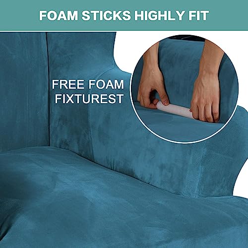 Turquoize Wing Chair Slipcover Velvet Slipcovers for Wingback Chairs Ultra Soft Velvet Sofa Covers 1-Piece Furniture Cover/Wingback Chair Cover with Elastic Bottom, Machine Washable, Peacock Blue