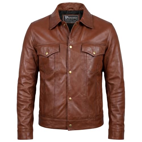 Image of Vintage Style Trucker Leather Jacket Men Real Lambskin Vintage Trucker Shirt Collar Mens Leather Jackets