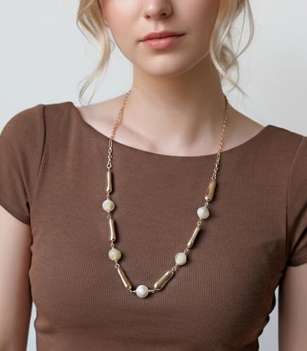 Dazylleco Lange Kette Gold Damen Kette Statement Lang mit Perlen Große Modeschmuck Geschenke für Mama(106-Beige)