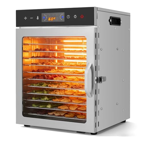 12-Tray Food Dehydrator Stainless Steel 800W 360 Heating Electric Dryer Machine with Digital Timer & Touch Screen for Fruit Meat Vegetables Biltong Maker UK Home Use Dishwasher-Safe Trays
