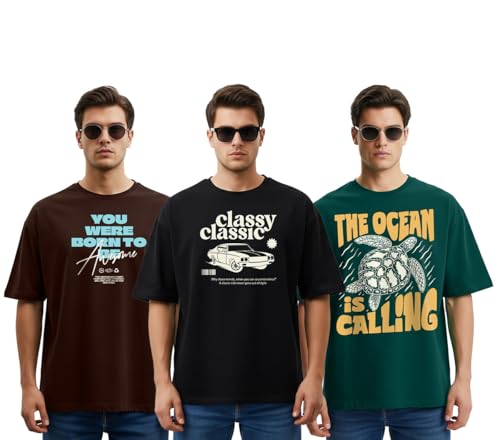 Image of Cotton Blend Oversized Baggy Fit Drop Shoulder Round Neck Graphic Printed Half Sleeve T-Shirt Combo for Men (Pack of 3) (Available Sizes: S to 2XL)