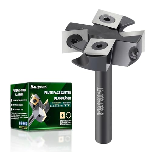 BALUGAEA Planfräser 8mm Schaft CNC Holzfräser 38,1 mm Schnittdurchmesser Planfräser für Oberfräse mit 4 austauschbaren HM-Wendeplatten 12 x 12 mm, Fräser zum Planfräsen, Nutfräsen und Kantenfräsen