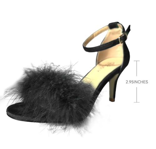Image of MMJULY Women's Open Toe Ankle Strap Fluffy Feather Stiletto High Heel Dress Sandal