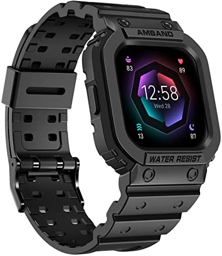 amBand Compatible for Fitbit Versa 4/3/2/ Fitbit Versa Lite/Fitbit Sense 2/ Fitbit Sense Bands with Case, Protective Smartwatch Case Strap Rugged Sport Protector Wristbands Men Black
