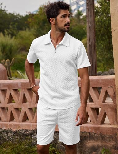 Image of URRU Mens Textured Polo Shirt and Shorts Sets Outfits 2 Piece Summer Tracksuits Casual Quarter Zip Golf Polo Shirts