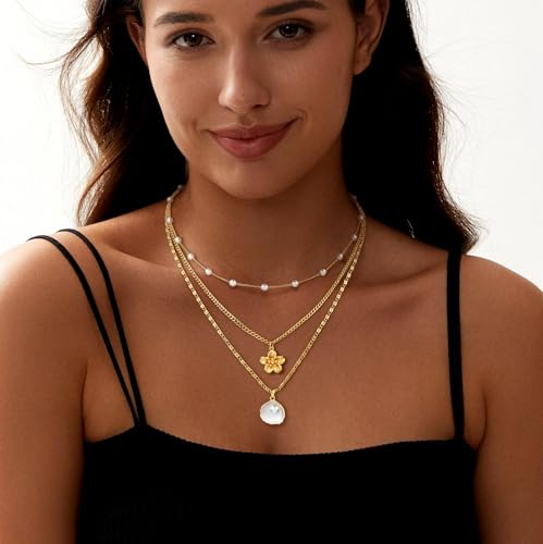 Gold Necklaces for Women,14k Gold Plated Layered Pearl Necklace Dainty Summer Shell Pearl Pendant Beach Cute Charm Accessories Set Fashion Jewelry Gift2