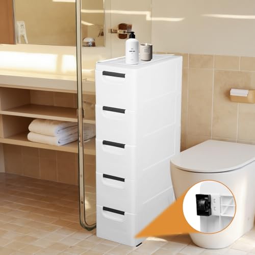 WUDLEP Bathroom Storage with 5 Drawers, Slim Bathroom Floor Cabinet with Wheels, Freestanding Compact Bathroom Organiser Cupboard for Living Room Bedroom, White - Image 3