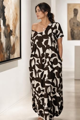 Image of Women Summer V Neck Loose Side Split Maxi Dresses with Pocket