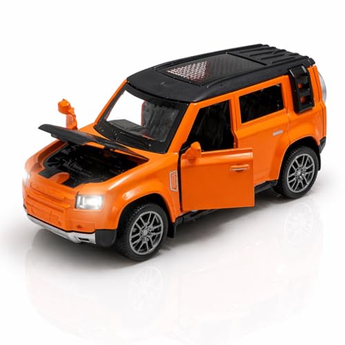 Image of 1:36 Scale Defender Die-Cast Toy Car - Pull Back Metal SUV Model with Openable Doors, LED Lights & Music - Alloy Mini Car Gift for Kids, Boys & Collectors (Orange)