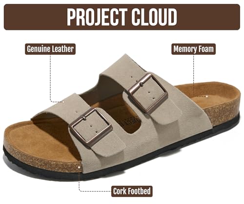 Image of Project Cloud Mens Sandals, 100% Genuine Leather Mens Slides (Heritage) | Memory Foam Insole & Cork Footbed Slides for Men Footwear Non Slip Summer Sandals for Men & Lightweight Sandals Men