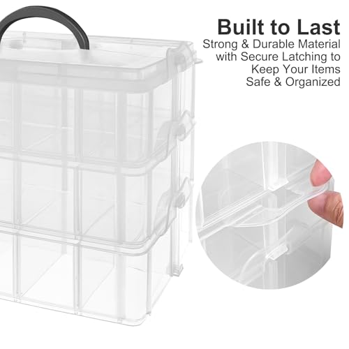 Image of 3-Tier Stackable Storage Container Box, 30 Compartments - Upgraded Large Clear Craft Organizer with Dividers for Beads, Small Toys, Jewelry, Washi Tape & Sewing Supplies