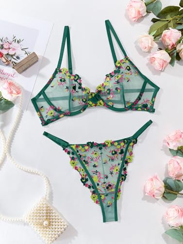 Image of Lilosy Sexy Floral Embroidered Mesh Sheer Underwire Lingerie Set