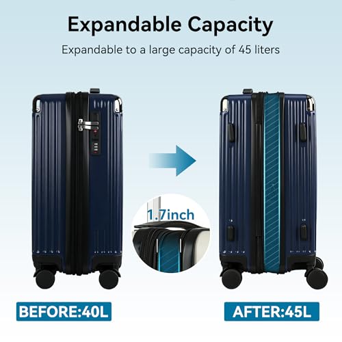 Image of 20 Inch Carry On Luggage with Spinner Wheels,PC Expandable Hard Shell Suitcase with USB Port,Lightweight Travel Luggage Airline Approved for Men Women (Navy Blue)