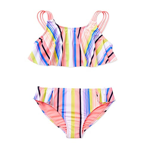 Catalina Girls Flounce Top with Scoop Bottom Bikini Set, Stripes Print, 14-16 US