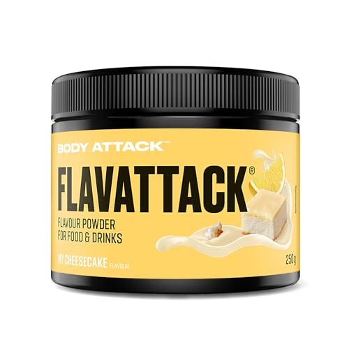 Body Attack Flavattack - NY Cheesecake - 250 g, nur 7 kcal/Portion - Intensives Flavour Pulver für Müsli, Rice Pudding, Haferflocken, Drinks etc. - Geschmackspulver ohne Palmöl, Aspartam, Gluten