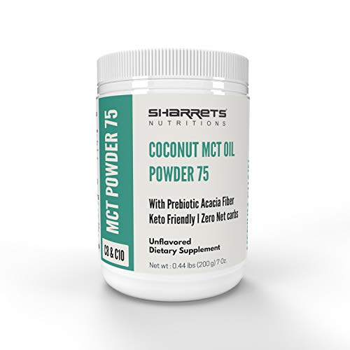 Sharrets MCT Oil Powder 75 with Prebiotic Fibre, 0.44 lbs / 200g Unflavored- MCT Oil Coconut Oil for Weight Loss Keto Bulletproof Coffee, Non GMO Gluten Free, No Maltodextrin