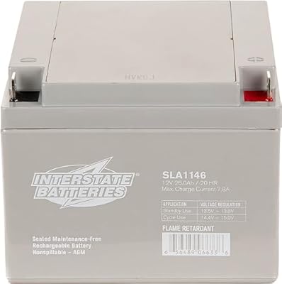 Interstate Batteries 12V 26Ah Battery (Nut & Bolt Terminal) SLA AGM VRLA Rechargeable Replacement for UPS Backup Power, Lawn & Garden, Solar (SLA1146)