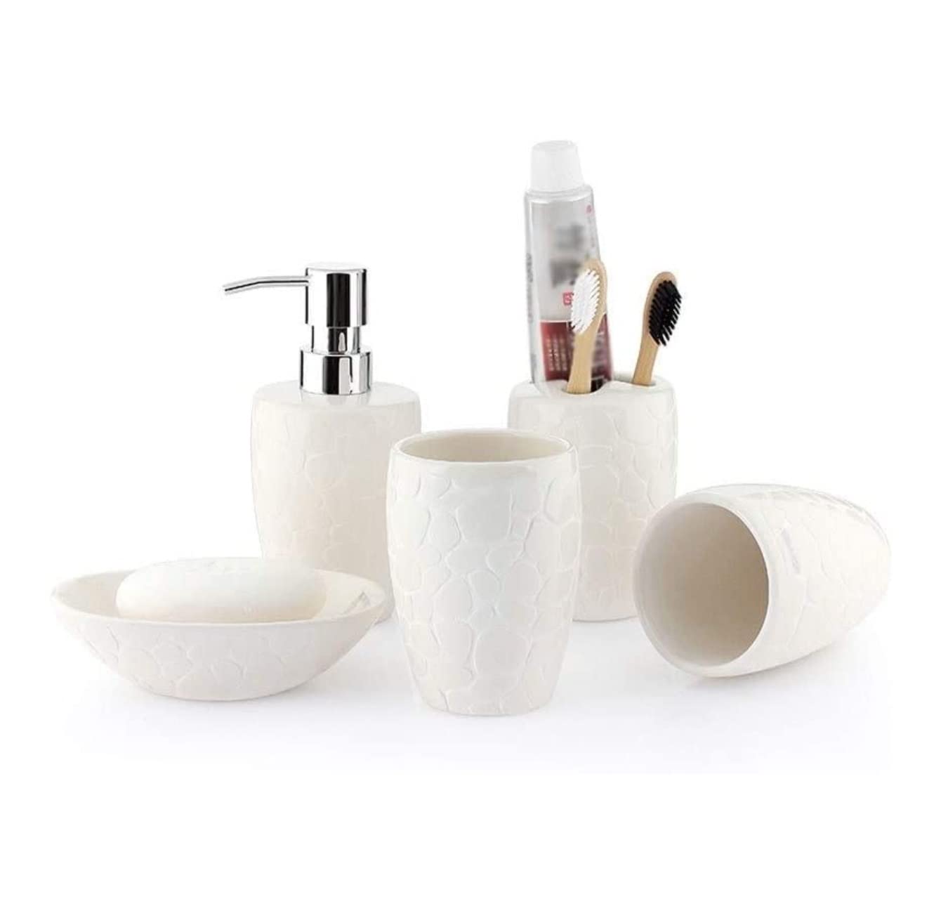 Juego de Accesorios de baño, Accesorios De Baño Juegos De Cerámica Dispensador De Jabón Serie Pebble 5pcs Juego De Baño De Cerámica Simple Decoración Moderna de baño(White)