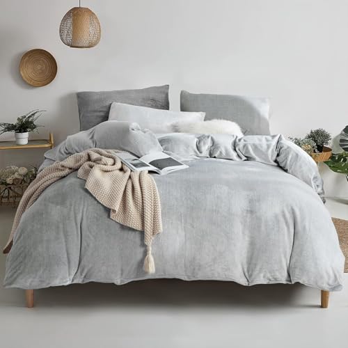 YASMENG Housse de Couette Flanelle 200x200 Hiver Chaude Gris Clair Velours Laitier Parure de Lit Polaire Doux Douillet Duveteux Linge de Lit 2 Personne avec Fermeture...