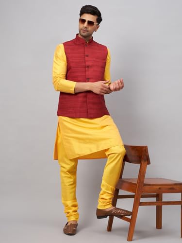 Image of VM Men's Silk Blend Jacket, Kurta and Pyjama Set (VMMJ121MAnK001CRnPCR Yellow 40)