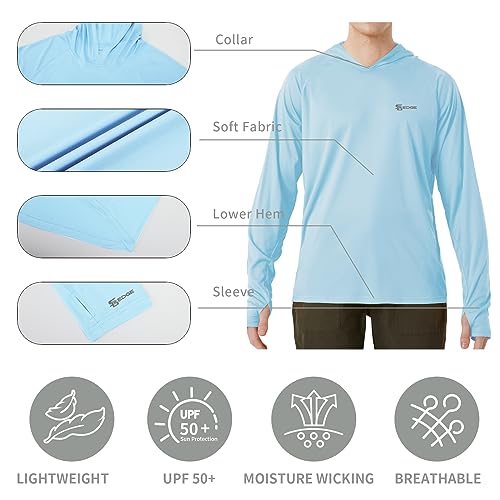 Men's Standard UPF 50+ Hoodie Rash Guard Shirt Long Sleeve with Thumb Holes Moisture Wicking Quick Dry Fishing Running Hiking, Powder Blue, X-Large4
