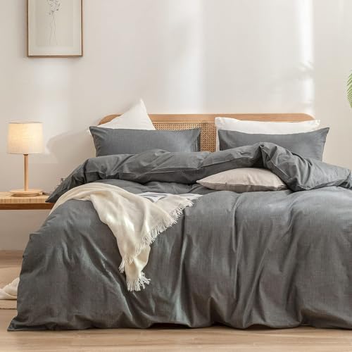 Image of BESTOUCH Cotton Solid Duvet Cover Set Linen Feel Dark Grey Alaska King | 100% Washed Cotton, Soft Wrinkle Texture, Hidden Zipper, 8 Ties, Breathable Lightweight Durable Comfy, 3 Pcs No Insert
