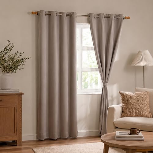 Image of Clasiko Champagne Taupe Blackout Eyelet Door Curtains Set of 2, (7 Feet) 54 x 84 Inches, Room Darkening & Noise Reduction Curtains with Tiebacks