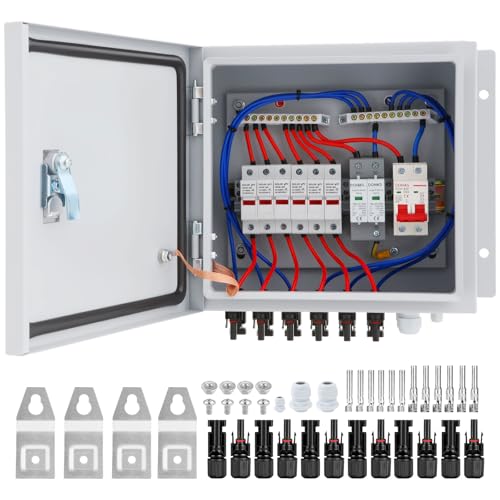 Doniks 6 String Metal Solar Combiner Box IP65 Waterproof PV Combiner Box with 20A Rated Current Fuse 63A Air Circuit Breaker Lightning Arrester Metal Box for On/Off Grid Solar Panel System