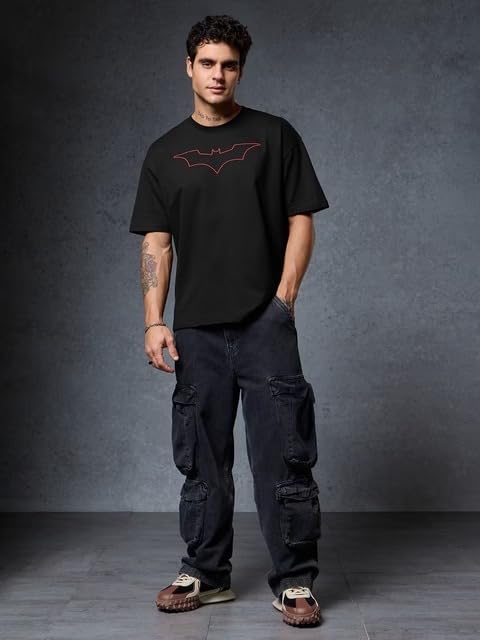 Image of The Souled Store Official Batman Originals: Justice Oversized T-Shirt for Men Boys Cotton Casual Half Sleeves Baggy Loose Fit Drop Shoulder Round Neck Black