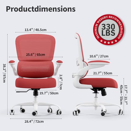 Image of TRALT Office Chair - Ergonomic Desk Chair with Adjustable Lumbar Support, Mesh Computer Chair, Executive Chair for Home Office Comfortable Lumbar Support (1, White Red)