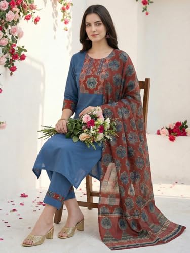 Image of INDO ERA Women's Straight Pure Cotton Floral Self Design Kurta & Pant With Dupatta Set | Kurta Sets For Woman